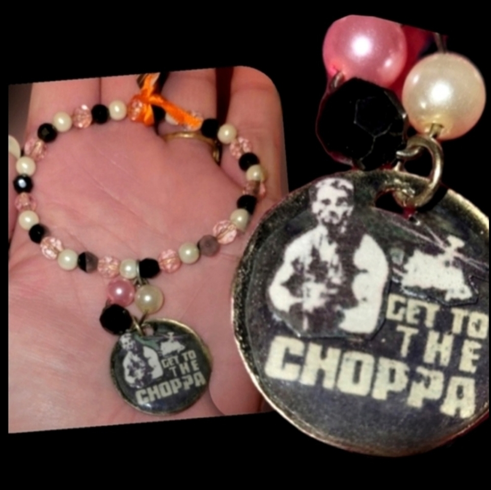 Arnold Schwarzenegger get to the choppa graphic pink black beaded bracelet NWT